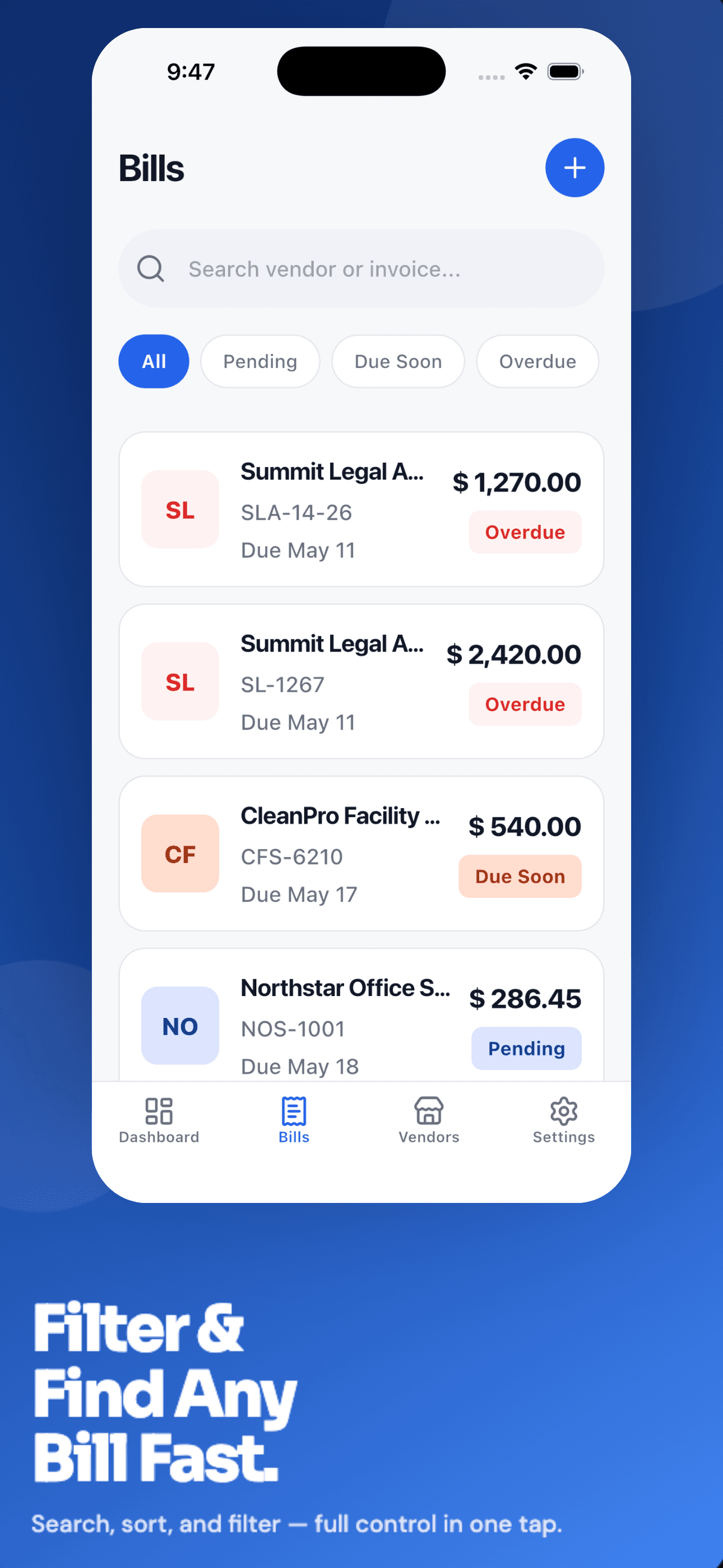 PayTrack bills screen with search and status filters