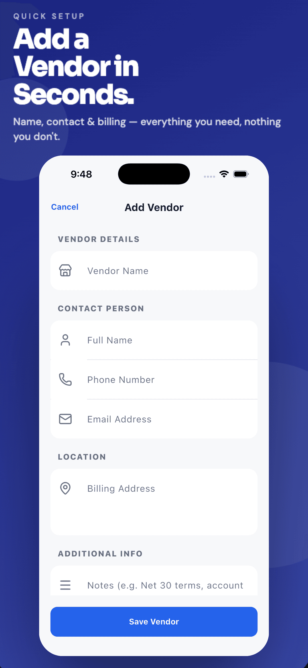 PayTrack add vendor screen