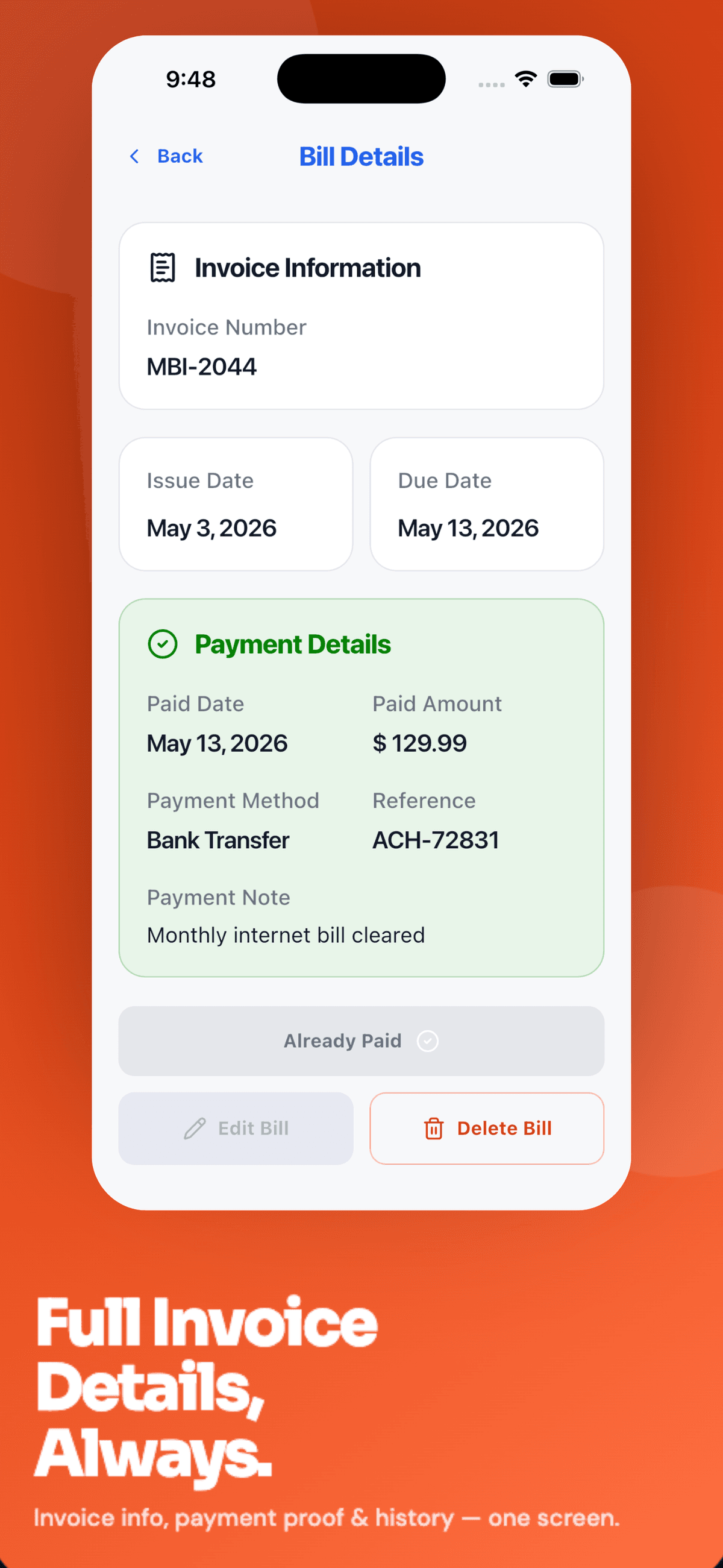 PayTrack bills screen with search and status filters