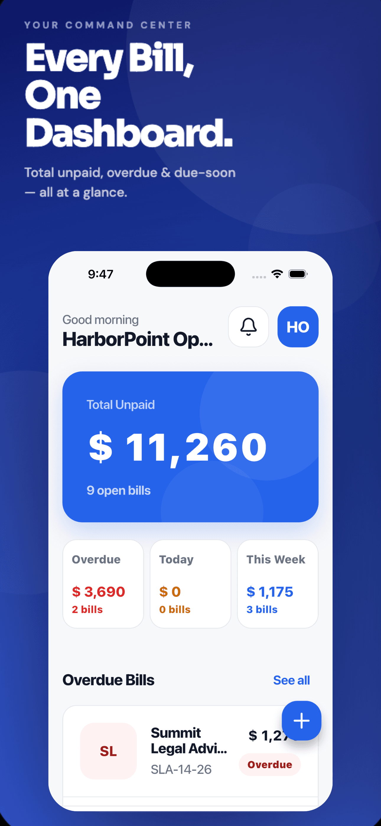 PayTrack dashboard showing total unpaid vendor bills