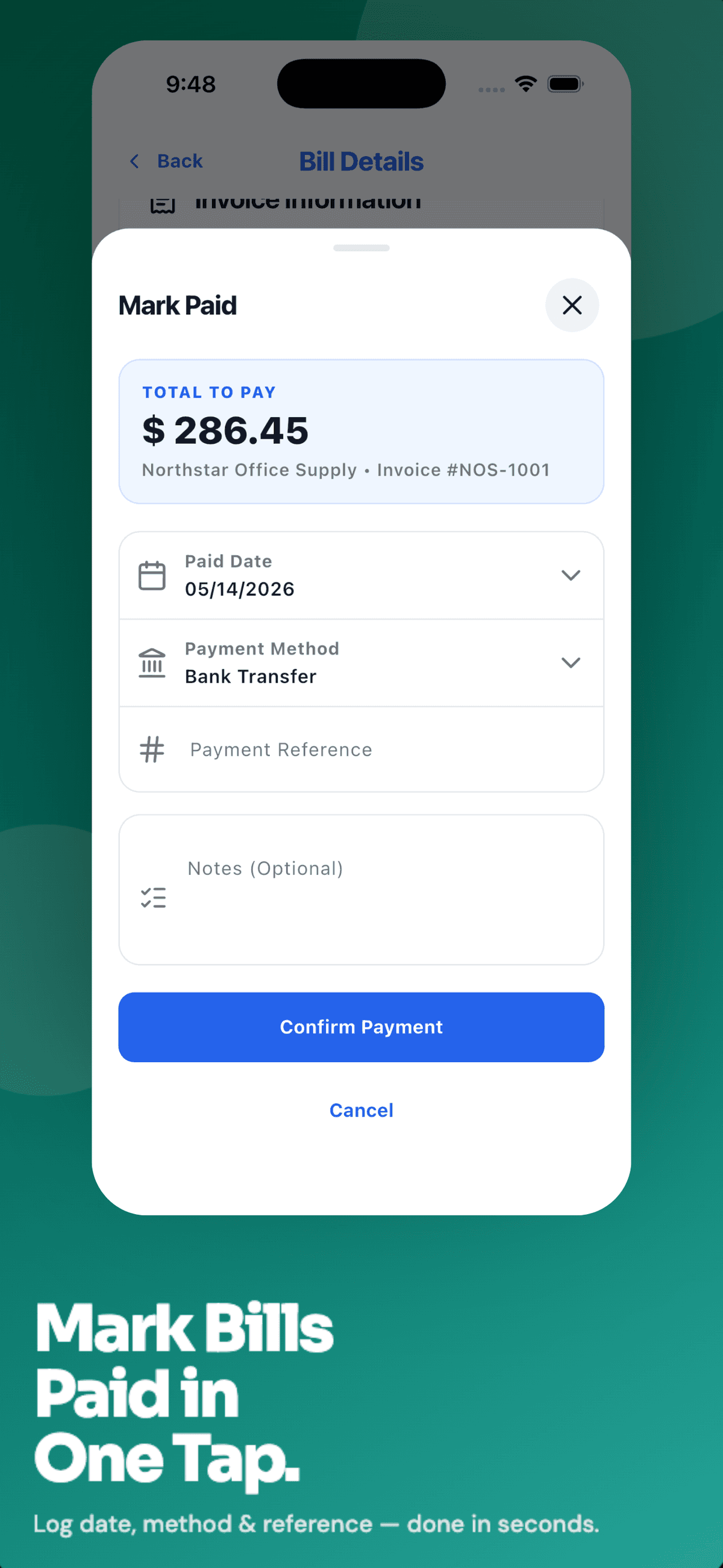 PayTrack dashboard showing total unpaid vendor bills