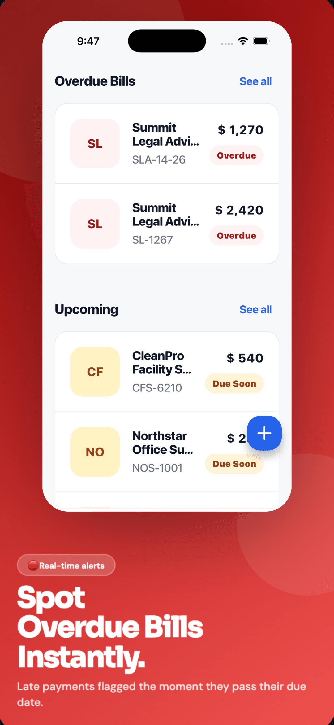 PayTrack overdue bills screen