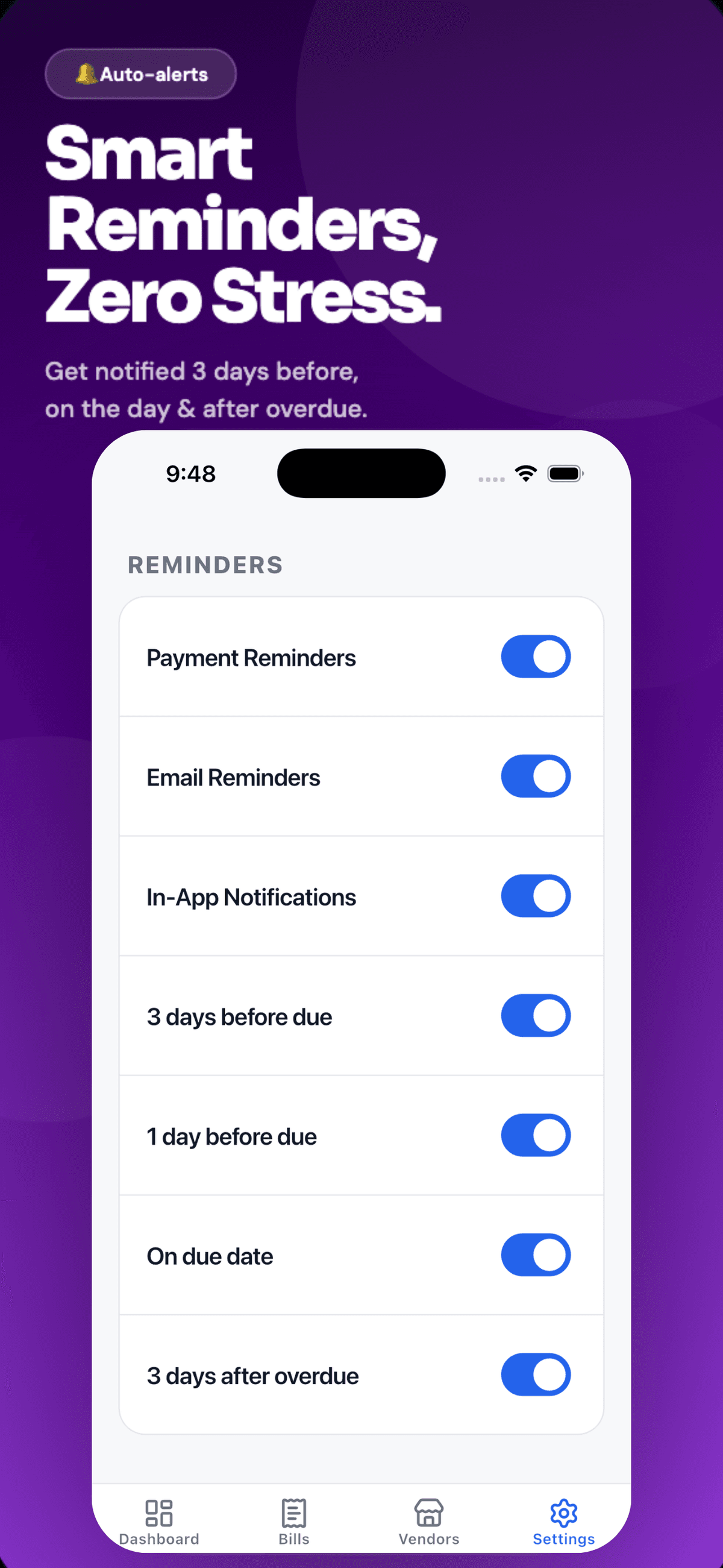 PayTrack reminder settings for upcoming vendor due dates