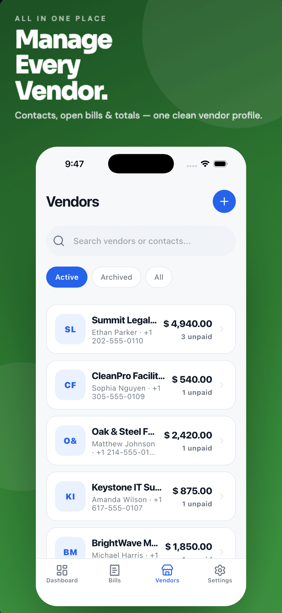 PayTrack vendor list screen